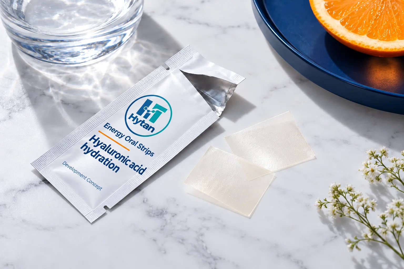 Hyaluronic acid hydration oral film packaging visualization