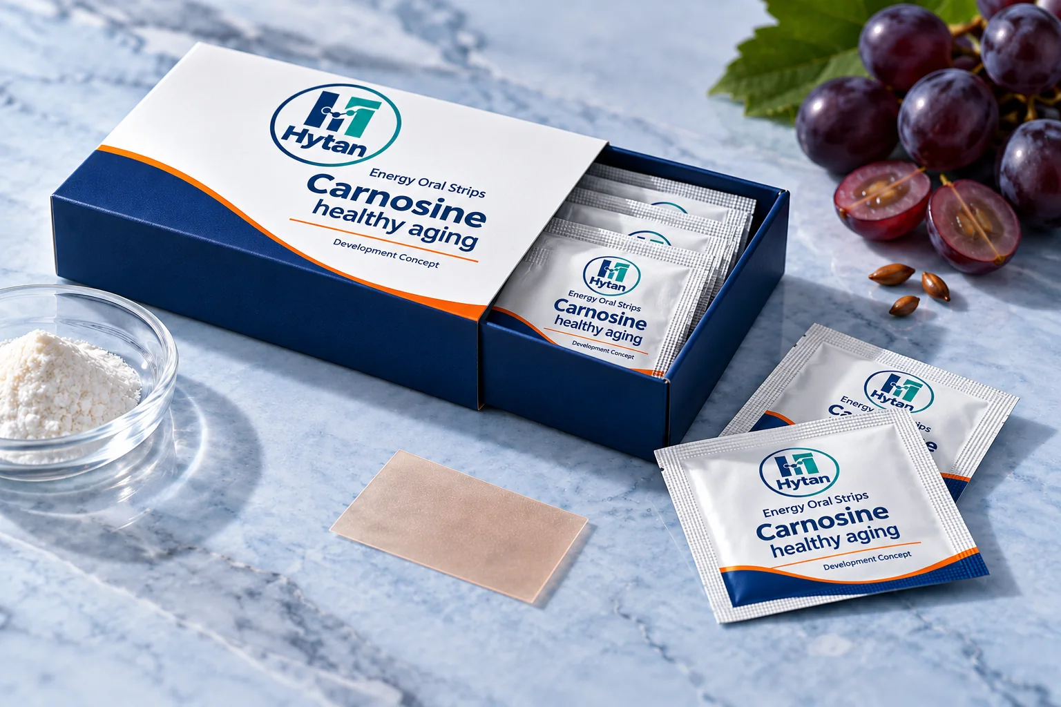 Carnosine healthy aging oral film packaging visualization