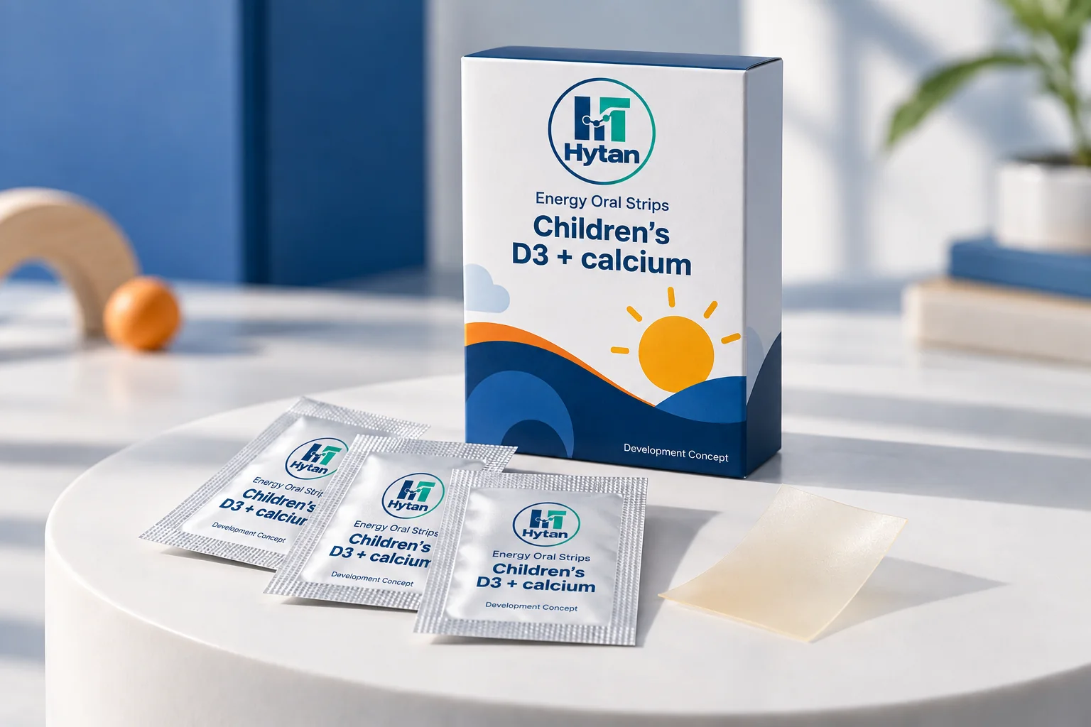 Children’s D3 + calcium oral film packaging visualization
