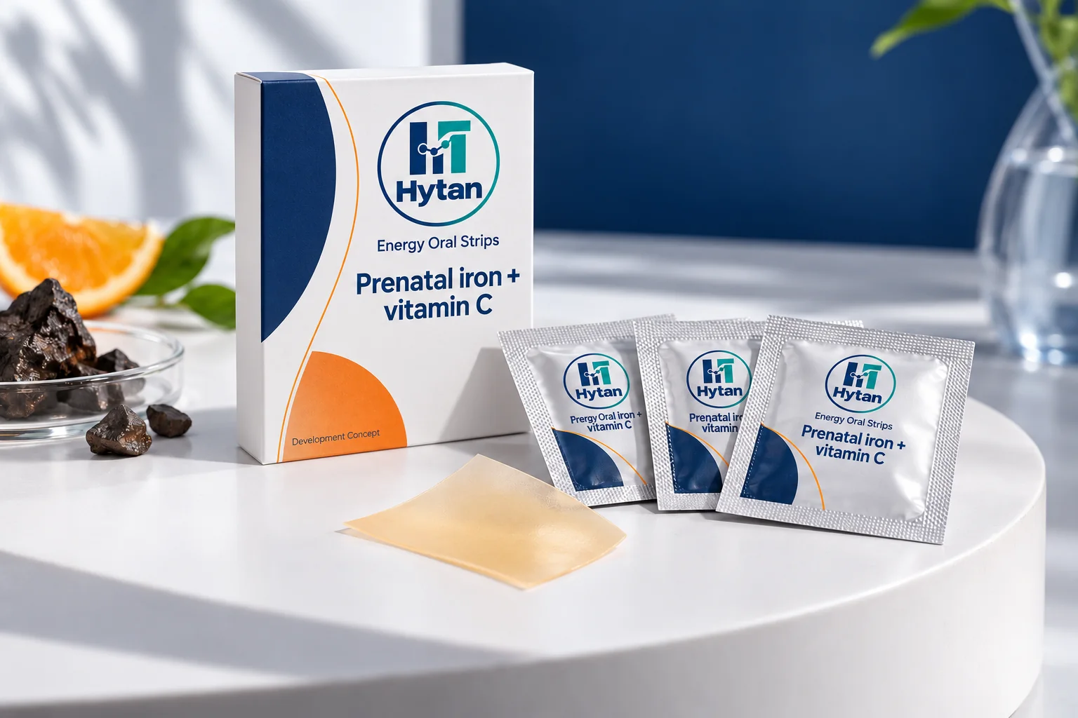 Prenatal iron + vitamin C oral film packaging concept
