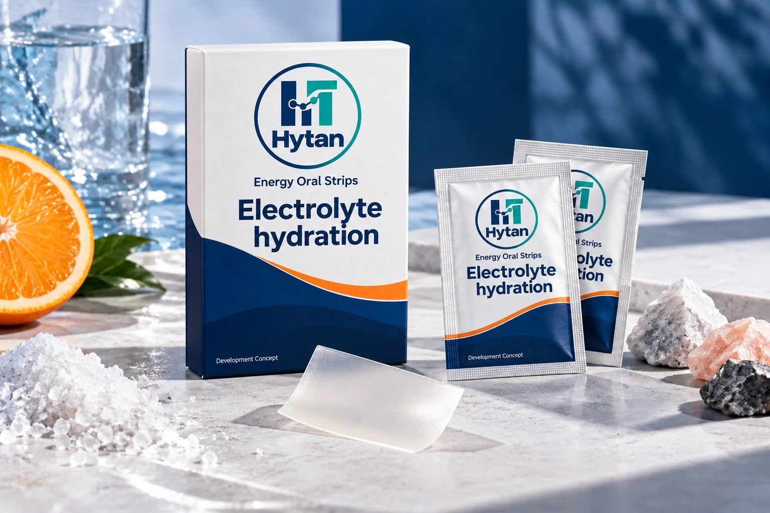 Electrolyte hydration oral film packaging visualization